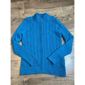 Womens Appleseed's petites cableknit blue full zip sweater size‎ PL